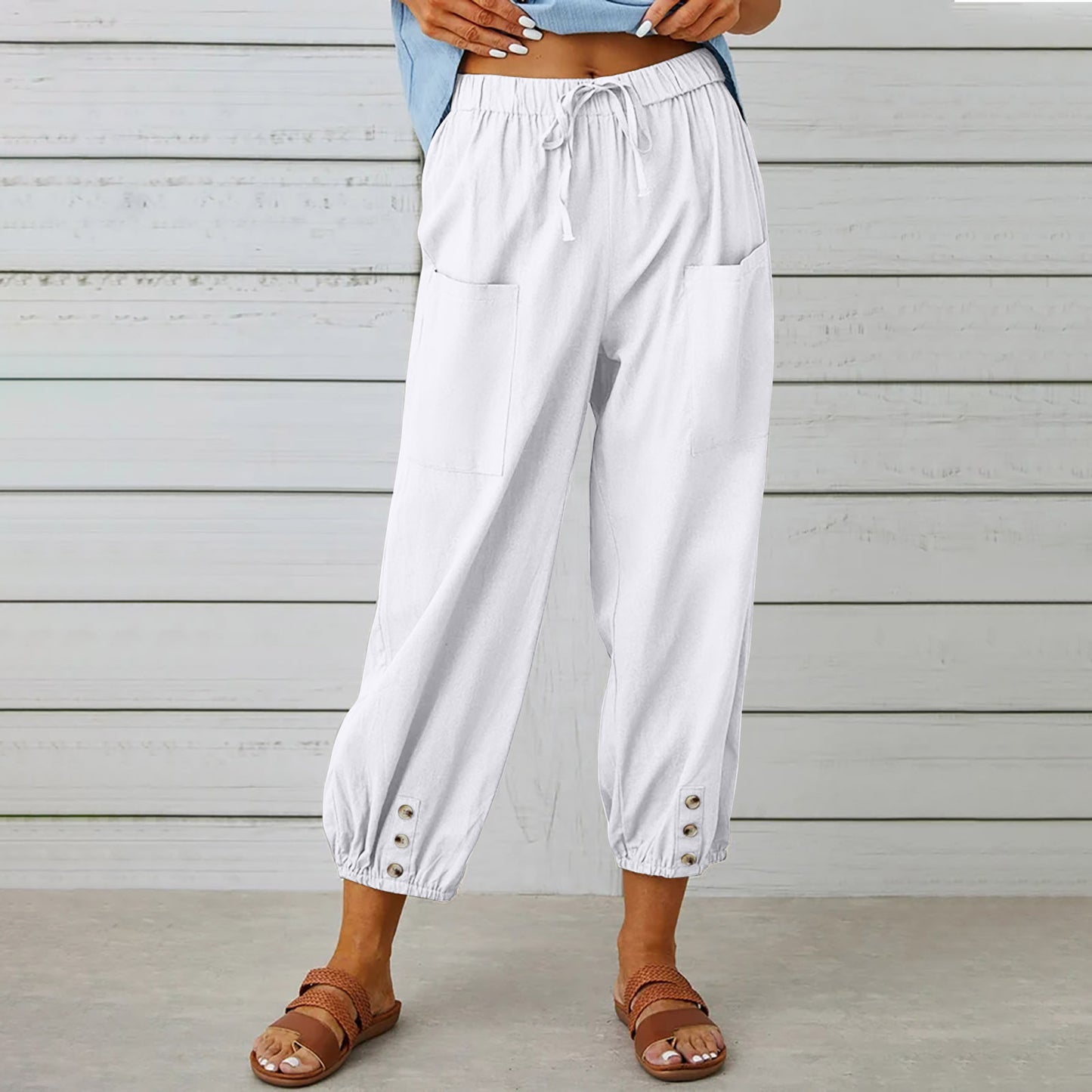 Pantalons Femme Coton Lin avec Cordon et Poches