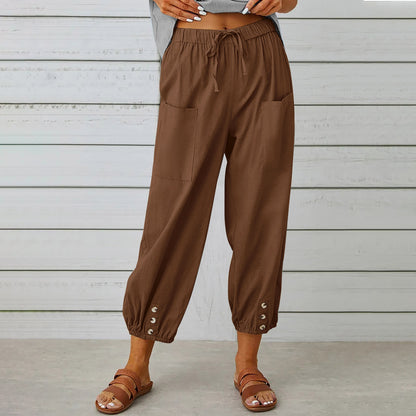 Pantalons Femme Coton Lin avec Cordon et Poches