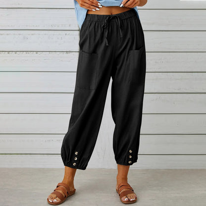 Pantalons Femme Coton Lin avec Cordon et Poches