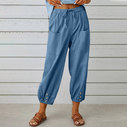 Pantalons Femme Coton Lin avec Cordon et Poches