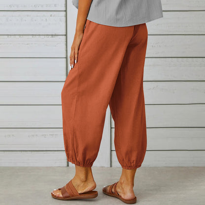 Pantalons Femme Coton Lin avec Cordon et Poches