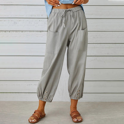 Pantalons Femme Coton Lin avec Cordon et Poches