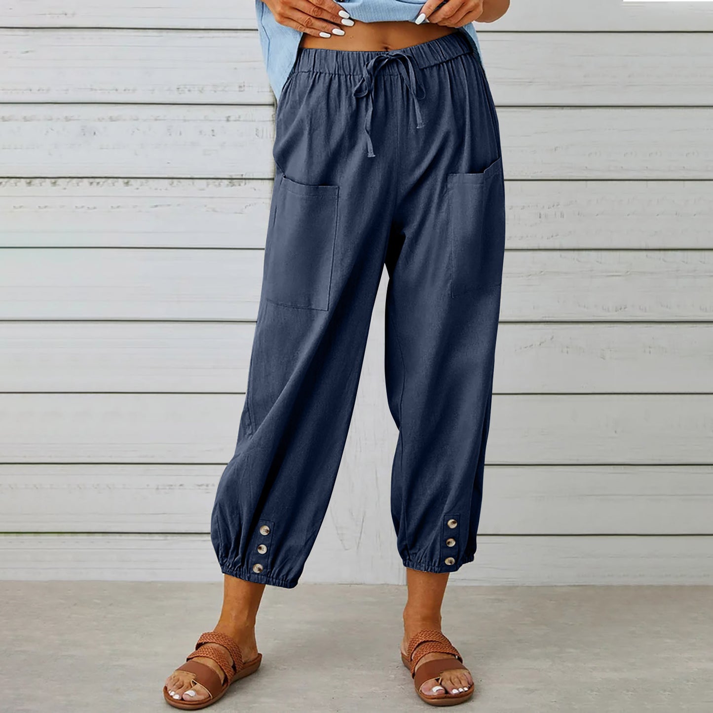 Pantalons Femme Coton Lin avec Cordon et Poches