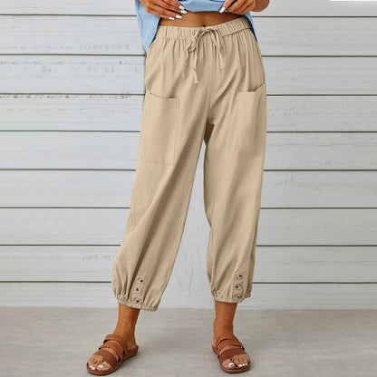 Pantalons Femme Coton Lin avec Cordon et Poches