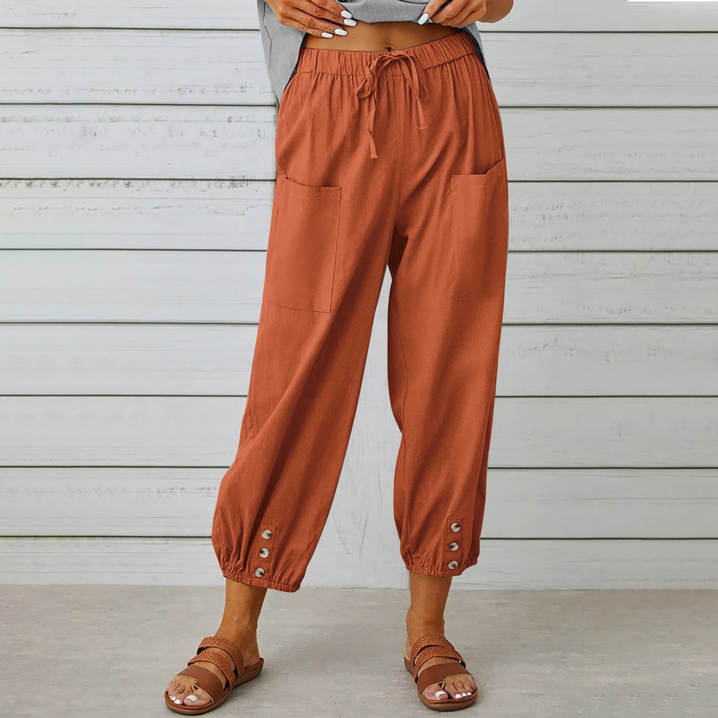 Pantalons Femme Coton Lin avec Cordon et Poches