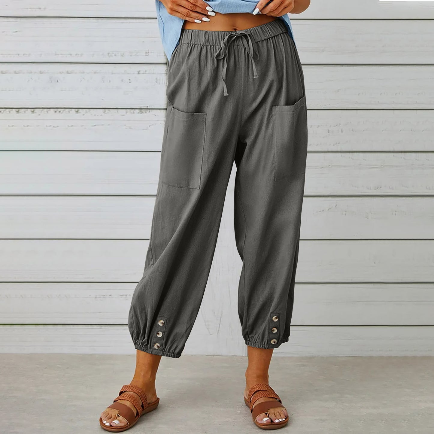 Pantalons Femme Coton Lin avec Cordon et Poches